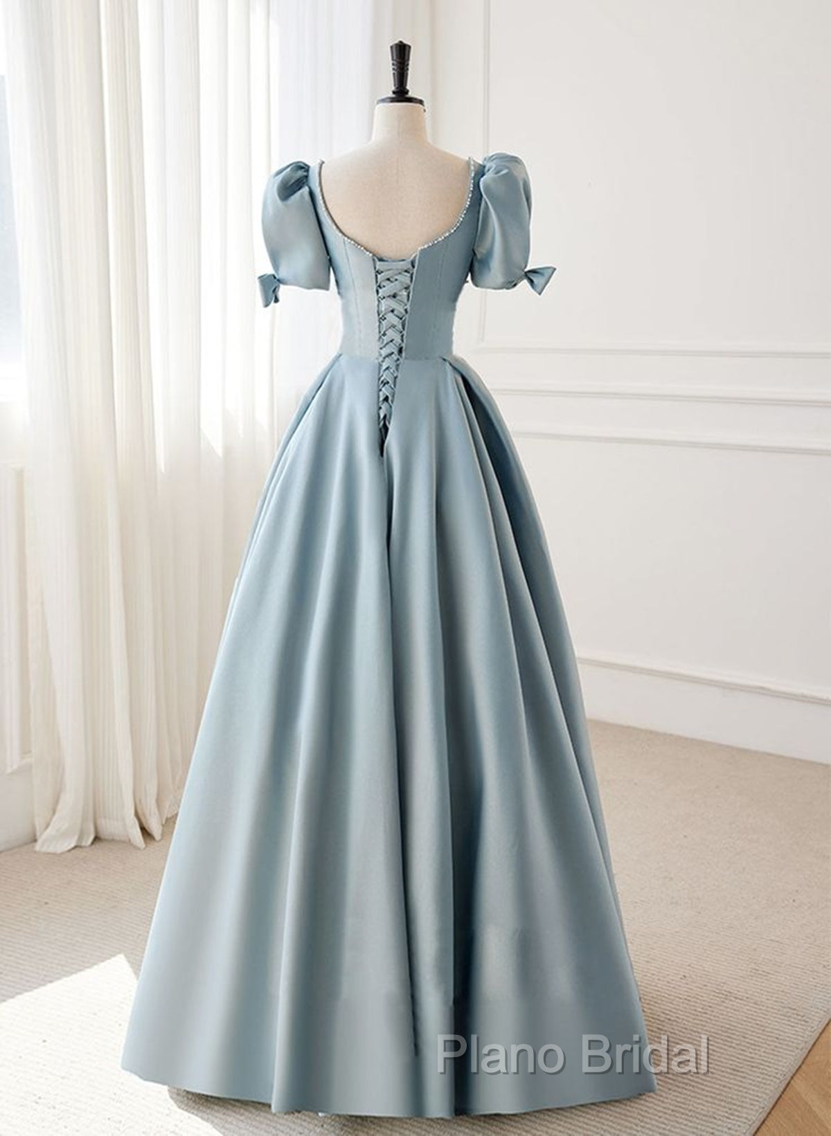 A-Line Blue Satin Short Sleevs Long Formal Dresses, Blue Simple Floor Length Formal Prom Dresses