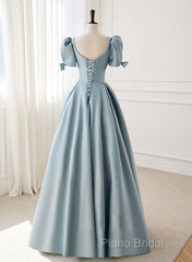 A-Line Blue Satin Short Sleevs Long Formal Dresses, Blue Simple Floor Length Formal Prom Dresses