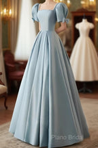 A-Line Blue Satin Short Sleevs Long Formal Dresses, Blue Simple Floor Length Formal Prom Dresses