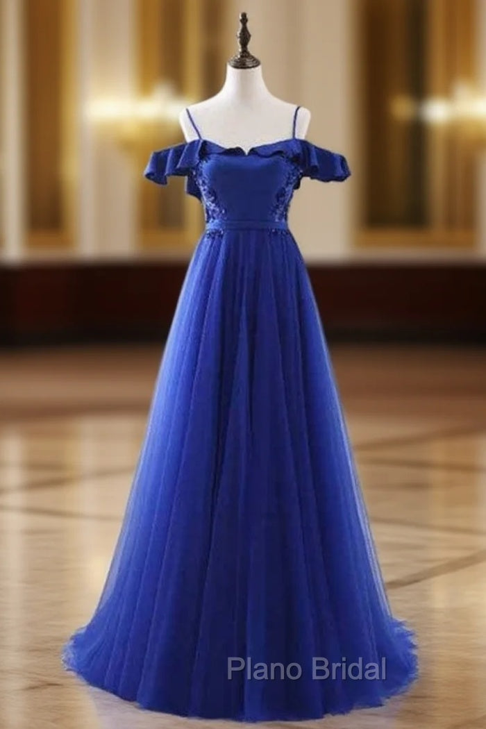 A-Line Blue Satin Tulle Spaghetti Straps Appliques Formal Prom Dresses