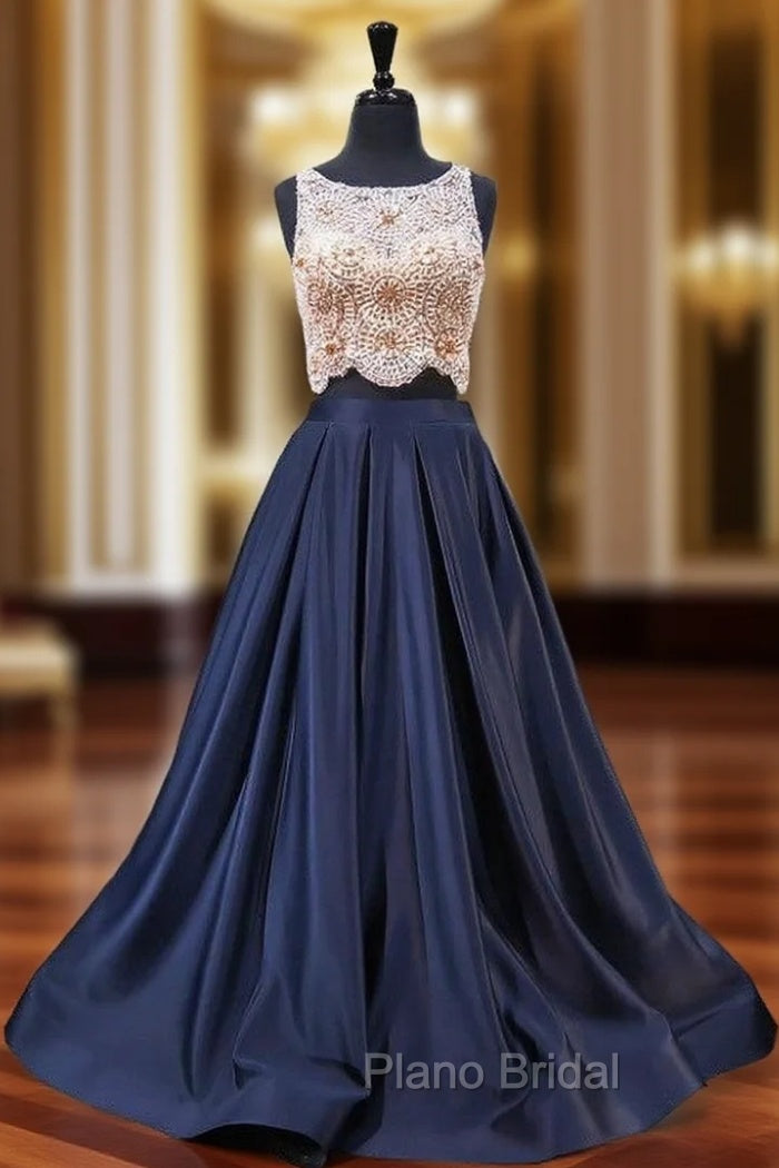 A-Line Blue Satin Two Piece Beading Bodice Evening Dresses