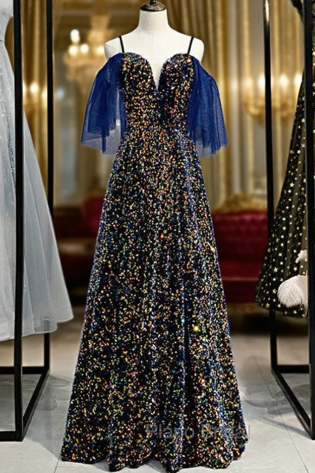 A-Line Blue Sequins Spaghetti Straps V-neck Formal Prom Dresses Main image