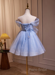 A-Line Blue Short Off Shoulder Knee Length Homecoming Dresses, Blue Short Formal Prom Dresses