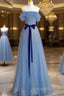 A-Line Blue Simple Off Shoulder Floor Length Formal Prom Dresses, Blue Long Party Dresses