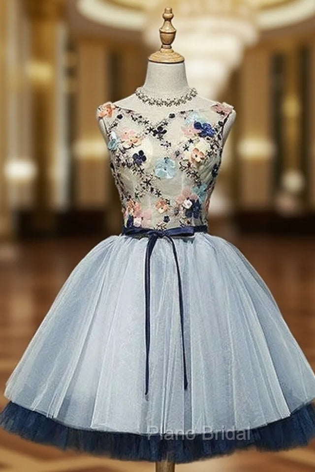 A-Line Blue Tulle Appliques Backless Homecoming Dresses Main image