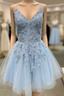 A-Line Blue Tulle Appliuqes Spaghetti Straps Beading Homecoming Dresses