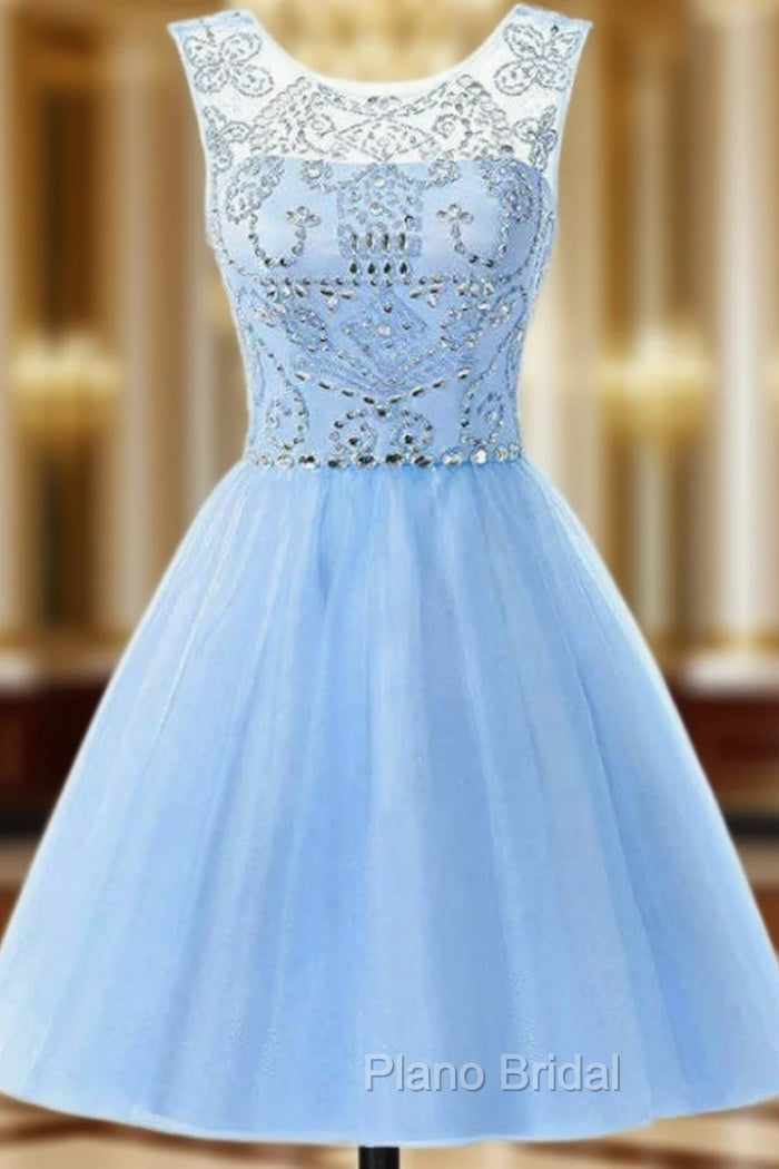A-Line Blue Tulle Beading Backless Homecoming Dresses Main image