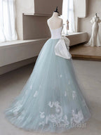 A-Line Blue Tulle Lace Applique Long Formal Prom Dresses, Blue Long Formal Dresses