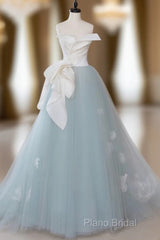 A-Line Blue Tulle Lace Applique Long Formal Prom Dresses, Blue Long Formal Dresses