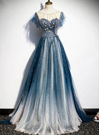 A-line Blue Tulle Long Beaded Formal Prom Dresses, A-Line Formal Evening Dresses