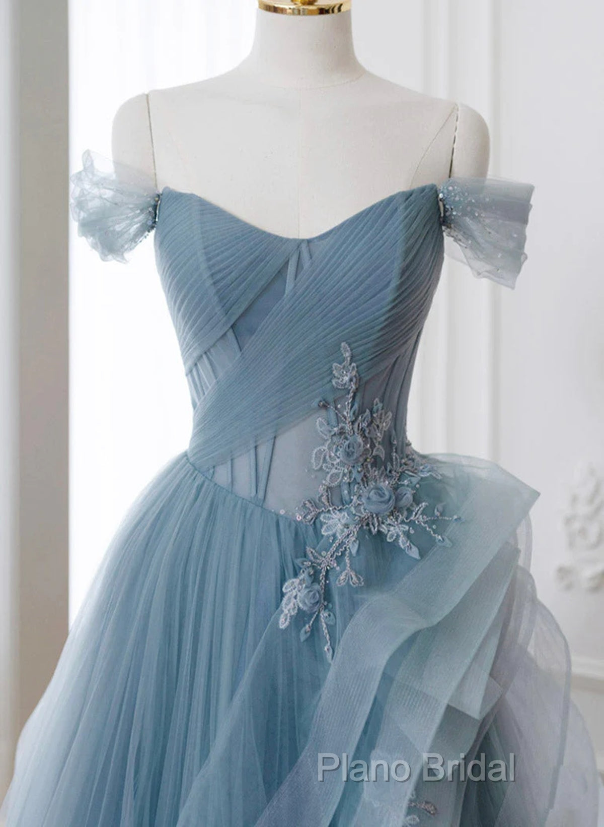 A-Line Blue Tulle Long Party Dresses With Lace, Off Shoulder Tulle Formal Prom Dresses Secondary image