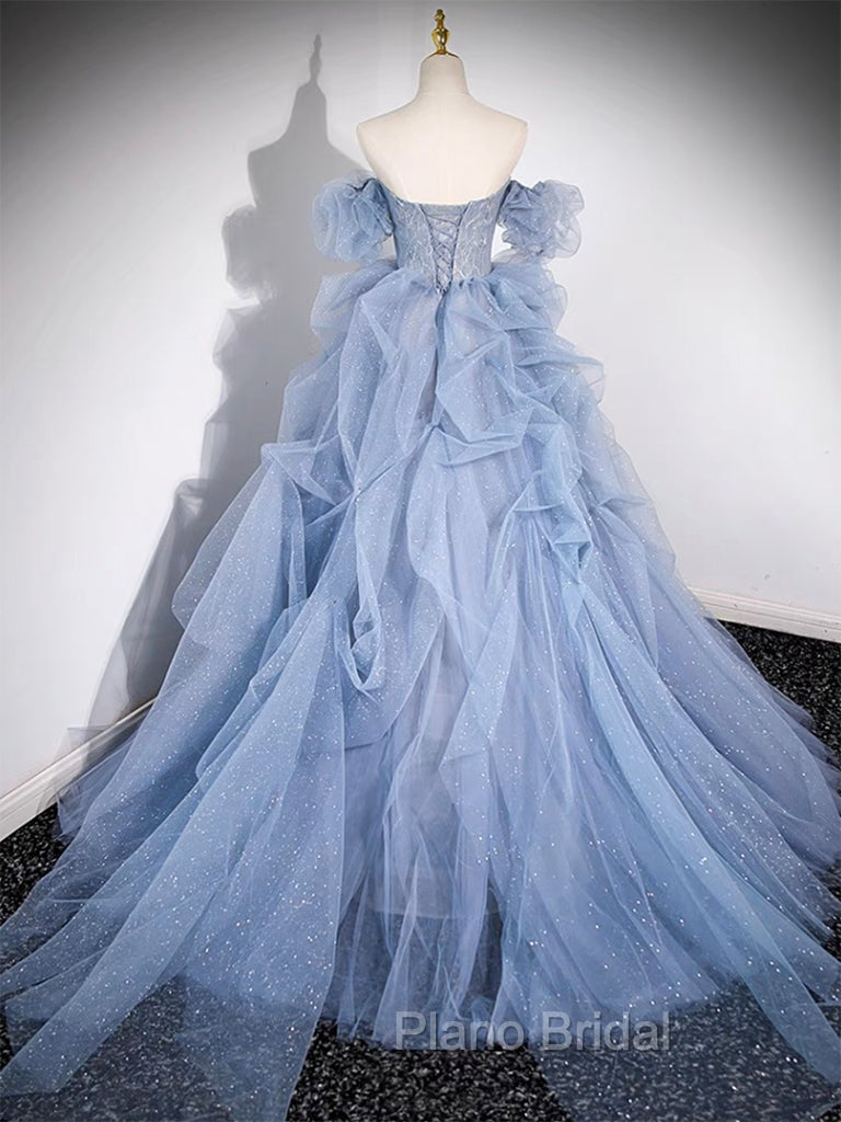 A-line Blue Tulle Long Formal Prom Dresses, Blue Long Evening Dresses Secondary image