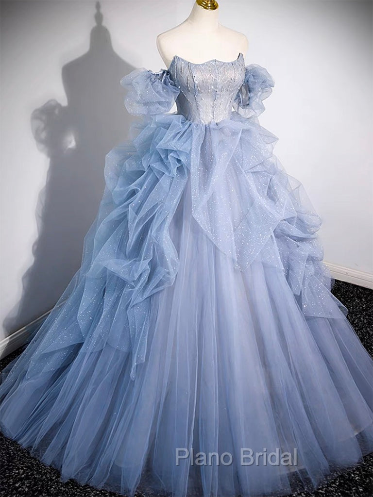 A-line Blue Tulle Long Formal Prom Dresses, Blue Long Evening Dresses