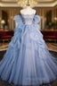 A-line Blue Tulle Long Formal Prom Dresses, Blue Long Evening Dresses