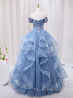 A-Line Blue Tulle Long Formal Prom Dresses, Blue Sweet 16 Dresses