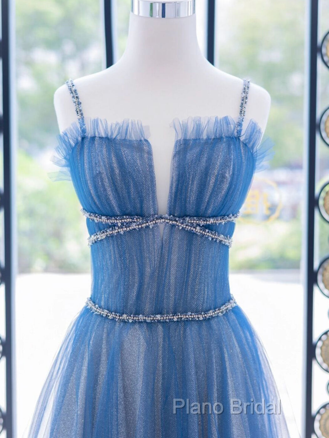 A-Line Blue Tulle Long Formal Prom Dresses, Blue Tulle Formal Dresses