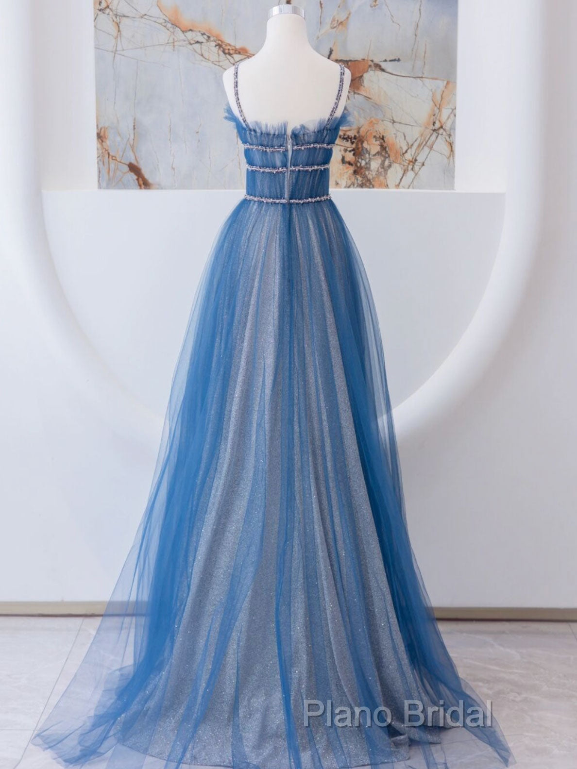 A-Line Blue Tulle Long Formal Prom Dresses, Blue Tulle Formal Dresses