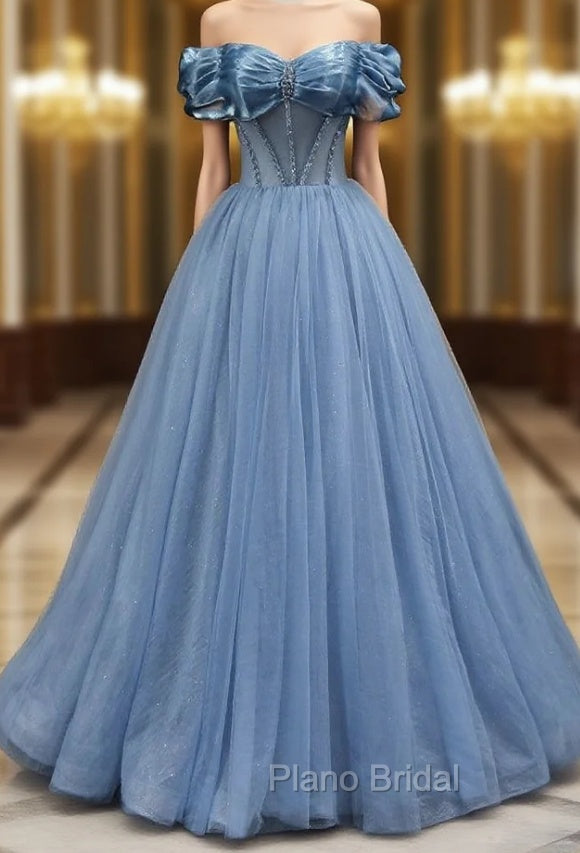 A-line Blue Tulle Off the Shoulder Beading Pleats Formal Prom Dresses Main image