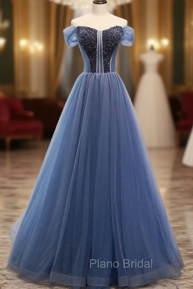 A-Line Blue Tulle Off the Shoulder Beading Formal Prom Dresses Main image