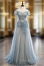 A-Line Blue Tulle Off the Shoulder Short Sleeve Formal Prom Dresses