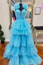 A-LIne Blue Tulle Pleats Formal Prom Dresses