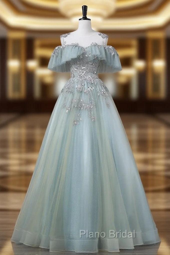 A-Line Blue Tulle sequin Lace Long Formal Prom Dresses, Blue Lace Sweet 16 Dresses Main image