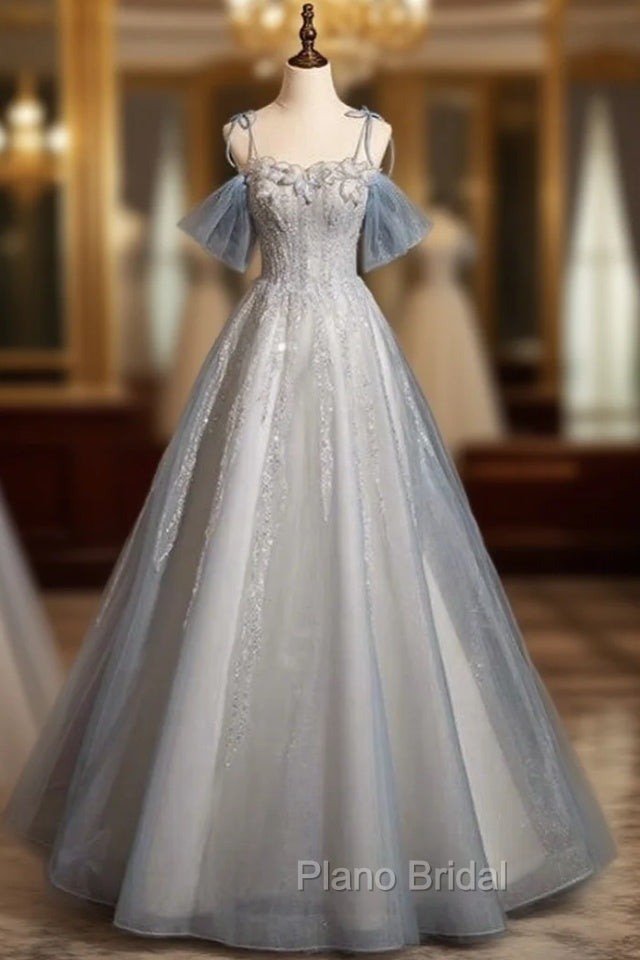 A-line Blue Tulle Sequins Spaghetti Straps Formal Prom Dresses Main image