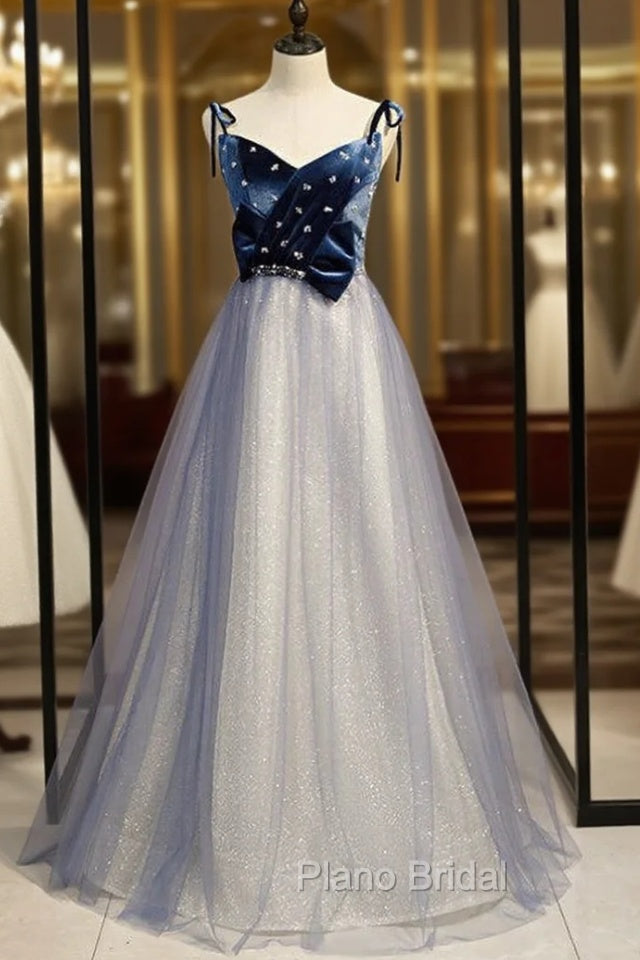 A-Line Blue Tulle Spaghetti Straps Beading Formal Prom Dresses 2020