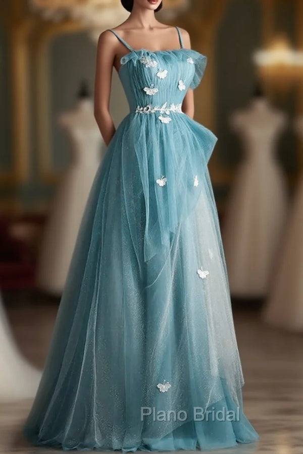 A-line Blue Tulle Straps Long Formal Dresses, Blue Long Evening Dresses Formal Prom Dresses Secondary image