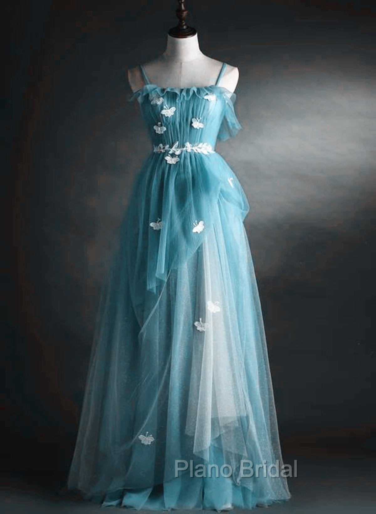 A-line Blue Tulle Straps Long Formal Dresses, Blue Long Evening Dresses Formal Prom Dresses