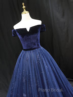 A-Line Blue Tulle Velvet Long Formal Prom Dresses, Blue Formal Dresses