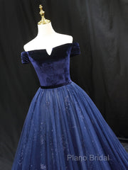 A-Line Blue Tulle Velvet Long Formal Prom Dresses, Blue Formal Dresses