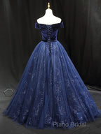 A-Line Blue Tulle Velvet Long Formal Prom Dresses, Blue Formal Dresses