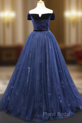 A-Line Blue Tulle Velvet Long Formal Prom Dresses, Blue Formal Dresses