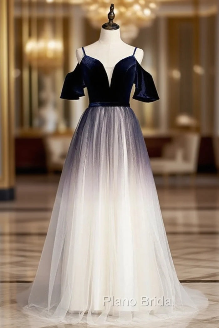A-Line Blue Velvet Tulle Spagehtti Straps Long Formal Prom Dresses Main image