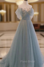 A-line Blue with Lace Applique Party Dresses, Long Blue Formal Dresses Formal Prom Dresses