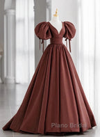 A-Line Brown Satin Ball Gown Short Sleeves Long Party Dresses V-Neckline Formal Prom Dresses