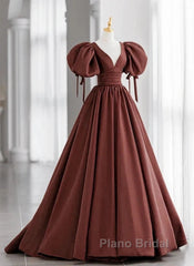 A-Line Brown Satin Ball Gown Short Sleeves Long Party Dresses V-Neckline Formal Prom Dresses