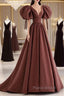 A-Line Brown Satin Ball Gown Short Sleeves Long Party Dresses V-Neckline Formal Prom Dresses