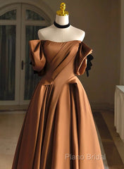 A-Line Brown Satin Off Shoulder Scoop Long Formal Prom Dresses, Satin Formal Dresses