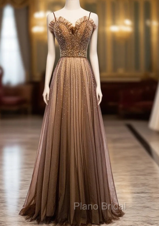 A-Line Brown Tulle Spagehtti Straps Beading Sequins Formal Prom Dresses