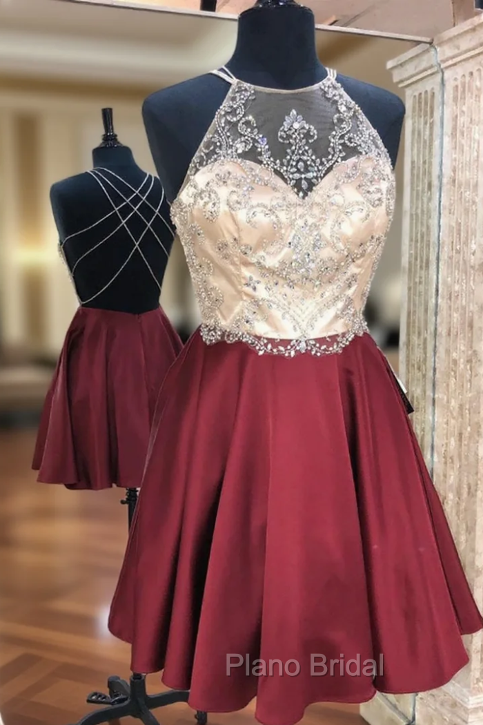 A-Line Burgundy Halter Beading Crytsal Homecoming Dresses Main image