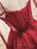 A-Line Burgundy Lace Short Formal Prom Dresses, Burgundy Puffy Homecoming Dresses