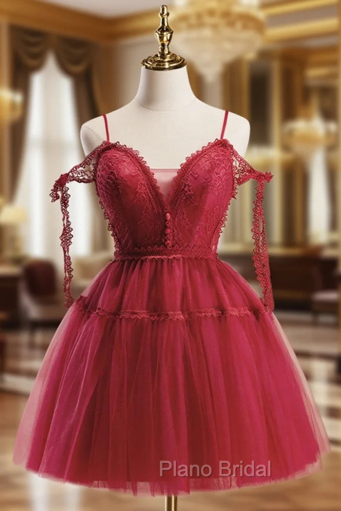 A-Line Burgundy Lace Short Formal Prom Dresses, Burgundy Puffy Homecoming Dresses Main image