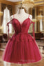A-Line Burgundy Lace Short Formal Prom Dresses, Burgundy Puffy Homecoming Dresses