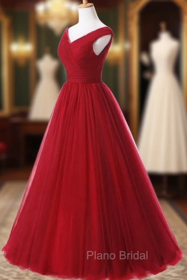 A Line Burgundy Long V-neck Tulle Formal Prom Dresses