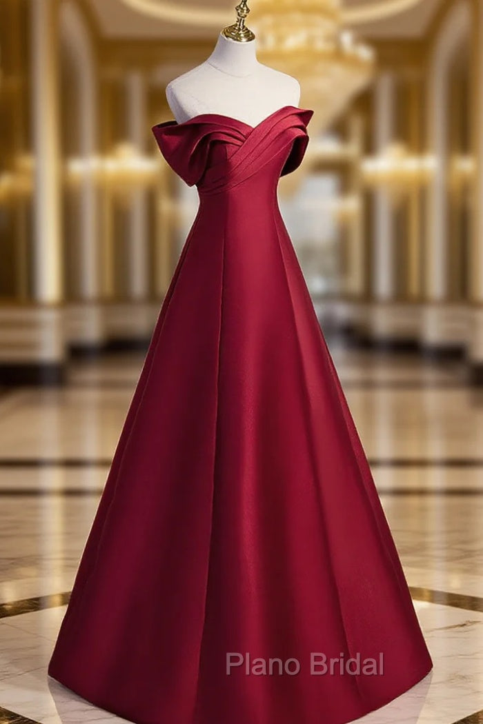 A-Line Burgundy Off Shoulder Long Formal Prom Dresses, Burgundy Evening Dresses