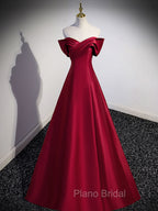 A-Line Burgundy Off Shoulder Long Formal Prom Dresses, Burgundy Evening Dresses