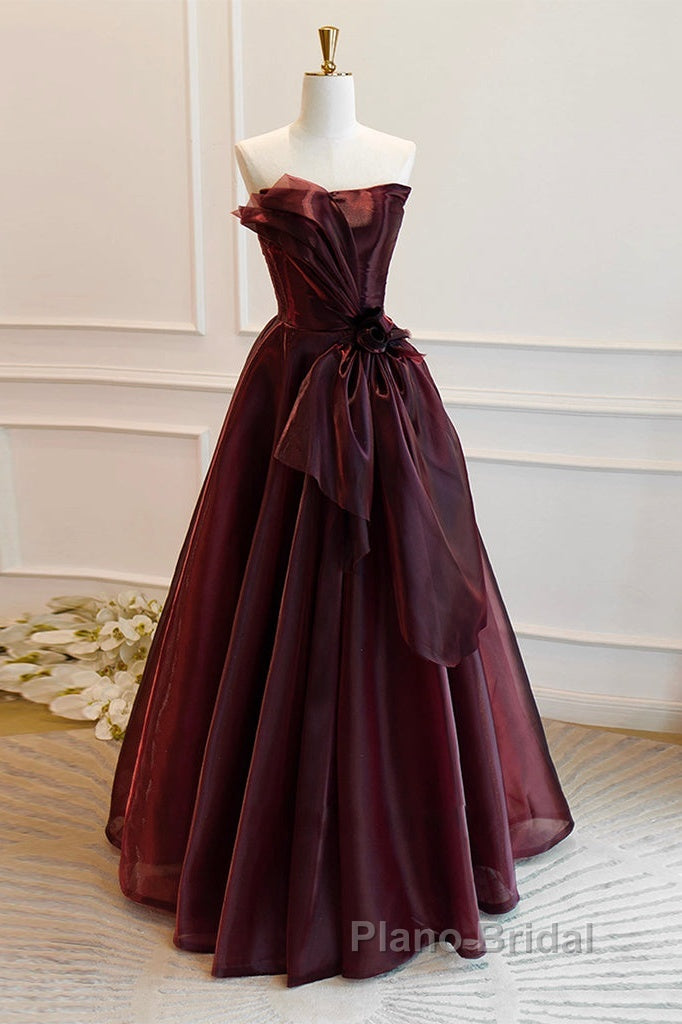 A-Line Burgundy Organza Burgundy Long Formal Prom Dresses, Burgundy Long Evening Dresses