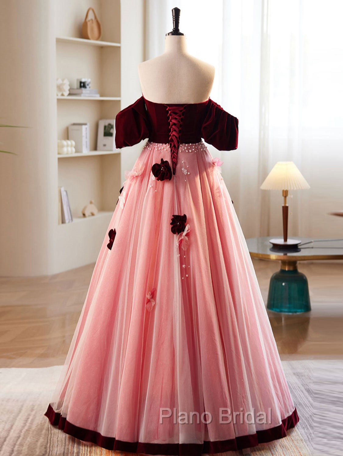 A-Line Burgundy/Pink Tulle Velvet Long Formal Prom Dresses, Burgundy Formal Dresses Secondary image
